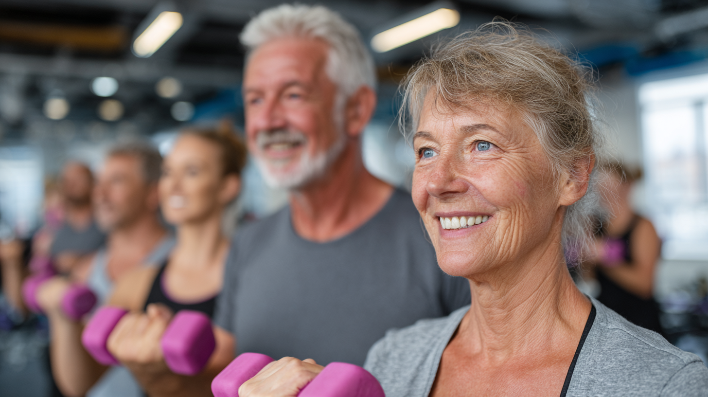 Oameni maturi practicând exerciții de fitness într-un cadru prietenos și relaxat